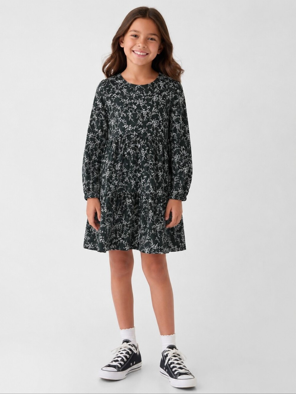 GAP Green Floral Long-Sleeve Casual Dress; Fall; Corduroy Feel But 100% Cotton